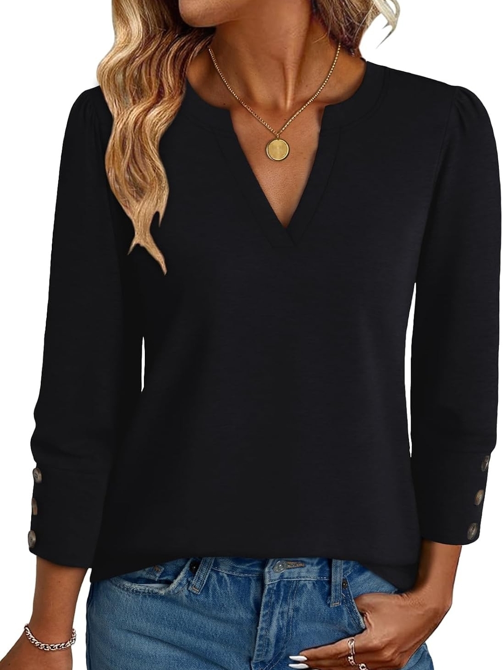 Black Women's V-Neck Three-Quarter Sleeve Top Medium